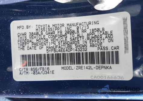 2013 Toyota Corolla Le from USA, damaged, VIN 5YFBU4EE4DP143232